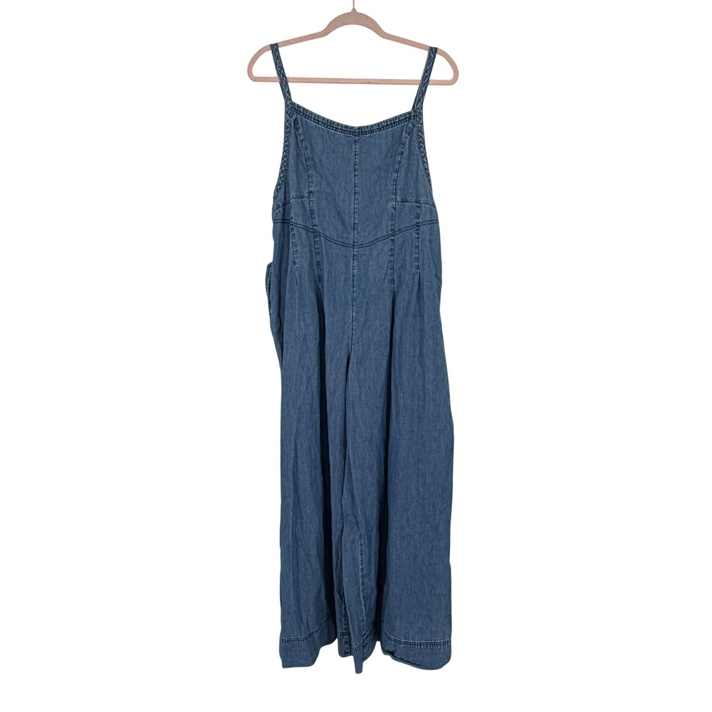 Aerie L Chambray Denim Wide Leg Jumpsuit Overalls Coastal Boho Pockets